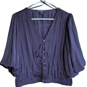 Marc New York Andrew Marc Womens Size L Black Ruched V-Neck Button Down Blouse